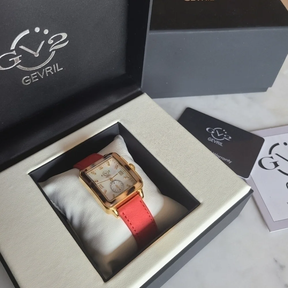 GV2 Gevril Bari Tortoise Diamond Watch, Red Suede Strap, NWT